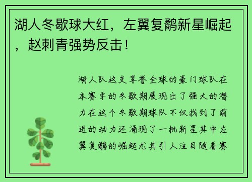 湖人冬歇球大红，左翼复鹬新星崛起，赵刺青强势反击！